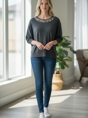 Embellished Scoop Neck Sweater - Dark Gray